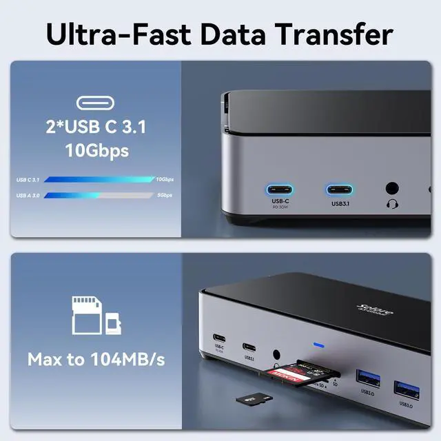 Alt view image 5 of 7 - USB C Docking Station 3 Monitors Laptop Dock Dual Monitor with 2 HDMI DisplayPort 4K@144Hz,USB A 2.0/3.0,USB C 3.1 10Gbps&30W Output,Ethernet,microSD&SD,Audio&Mic,150W DC Power for Dell/Lenovo/HP