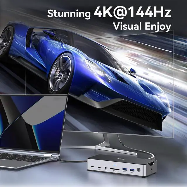 Alt view image 4 of 7 - USB C Docking Station 3 Monitors Laptop Dock Dual Monitor with 2 HDMI DisplayPort 4K@144Hz,USB A 2.0/3.0,USB C 3.1 10Gbps&30W Output,Ethernet,microSD&SD,Audio&Mic,150W DC Power for Dell/Lenovo/HP