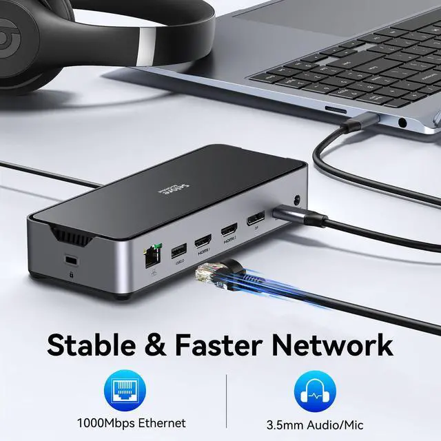 Alt view image 6 of 7 - USB C Docking Station 3 Monitors Laptop Dock Dual Monitor with 2 HDMI DisplayPort 4K@144Hz,USB A 2.0/3.0,USB C 3.1 10Gbps&30W Output,Ethernet,microSD&SD,Audio&Mic,150W DC Power for Dell/Lenovo/HP