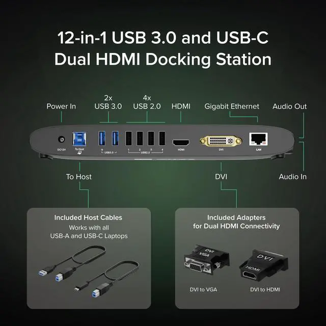 Alt view image 2 of 5 - USB 3.0 Universal Docking Station for Windows, macOS, ChromeOS (Dual HDMI Monitors or DVI/VGA, Gigabit Ethernet, Audio, 6 USB Ports)