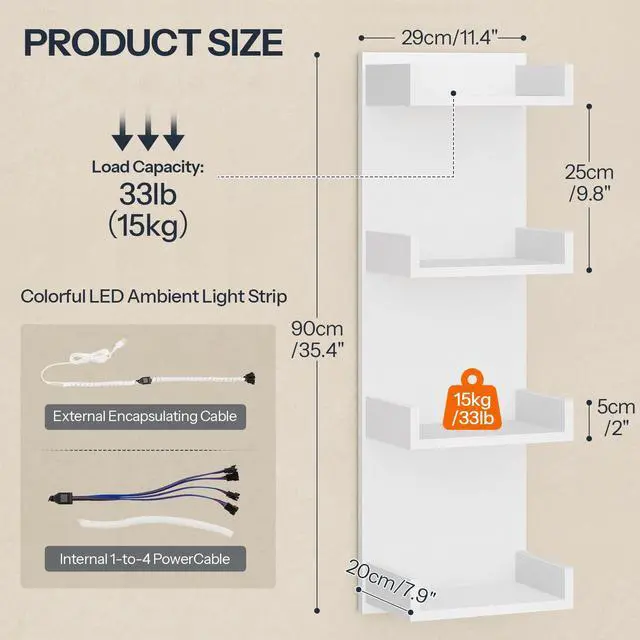Alt view image 5 of 7 - Floating Wall Shelves with LED Lights, Floating Shelf Wall Mounted for Storage, Vertical Display Stand, Modern Column Rack, for Bedroom, Livingroom, 4-Tier, 35.8 Inches, White, WT41DBJ01