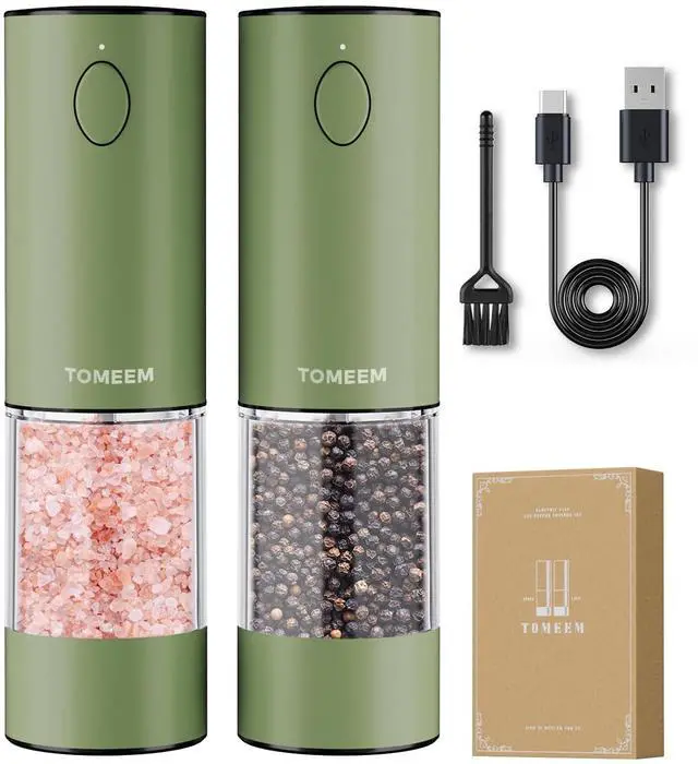 Main image of Upgraded Larger Capacity Electric Salt and Pepper Grinder Set Rechargeable with LED lights, Stainless Steel Automatic Pepper and Salt Grinder Refillable with 5 Adjustable Coarseness Green