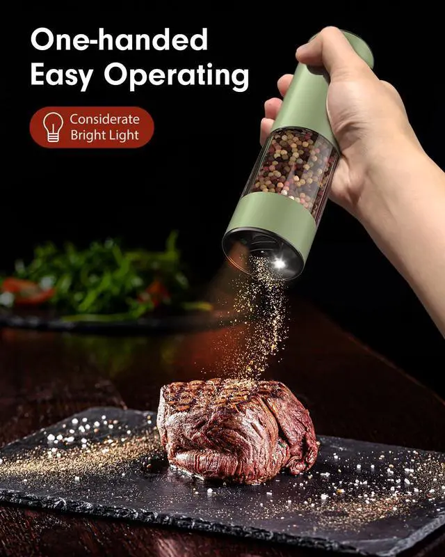 Alt view image 2 of 7 - Upgraded Larger Capacity Electric Salt and Pepper Grinder Set Rechargeable with LED lights, Stainless Steel Automatic Pepper and Salt Grinder Refillable with 5 Adjustable Coarseness Green