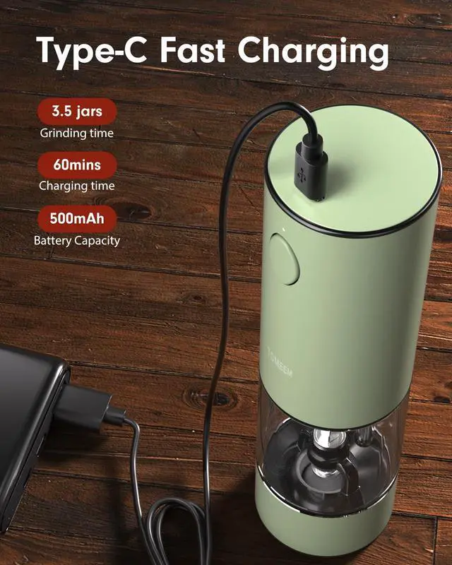 Alt view image 3 of 7 - Upgraded Larger Capacity Electric Salt and Pepper Grinder Set Rechargeable with LED lights, Stainless Steel Automatic Pepper and Salt Grinder Refillable with 5 Adjustable Coarseness Green