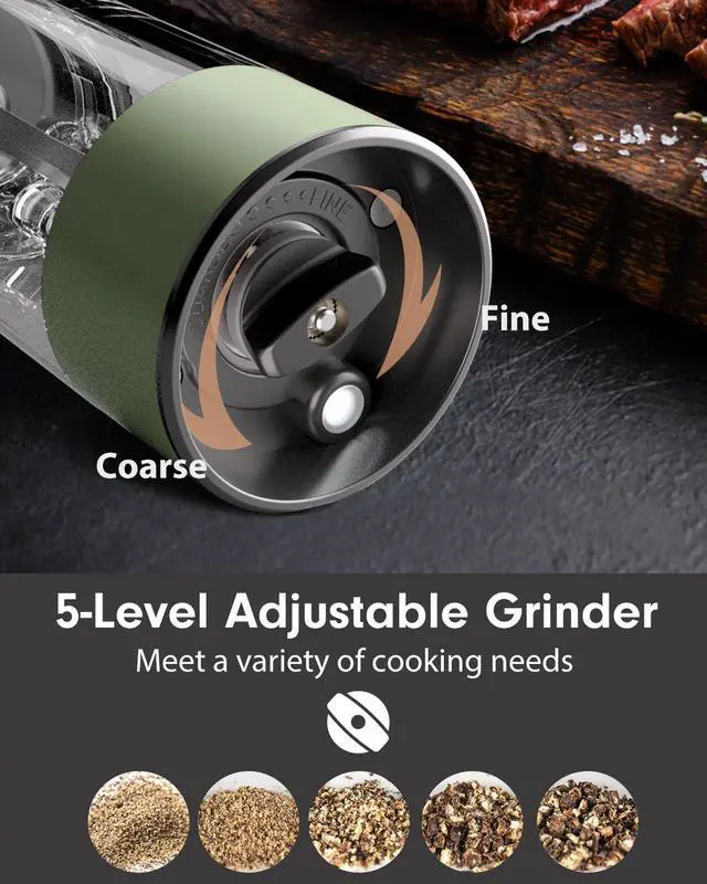 Alt view image 4 of 7 - Upgraded Larger Capacity Electric Salt and Pepper Grinder Set Rechargeable with LED lights, Stainless Steel Automatic Pepper and Salt Grinder Refillable with 5 Adjustable Coarseness Green