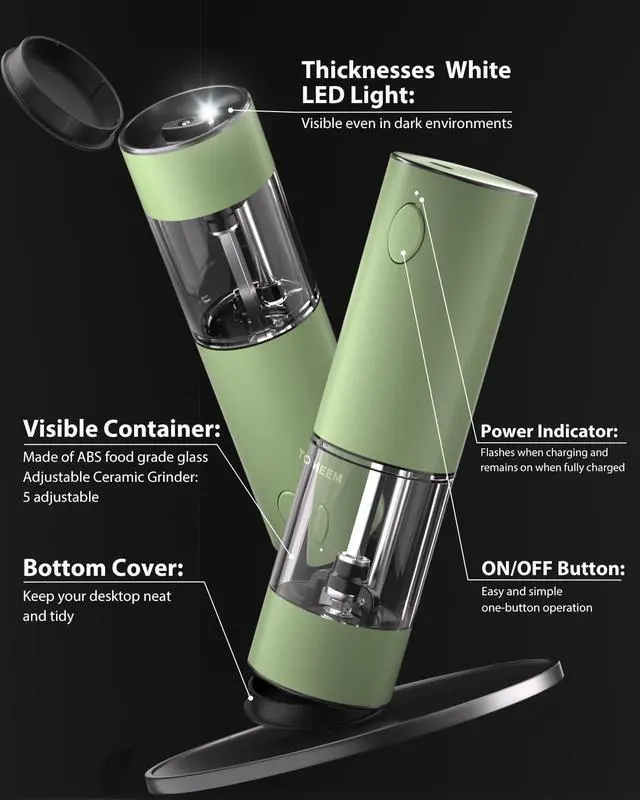 Alt view image 7 of 7 - Upgraded Larger Capacity Electric Salt and Pepper Grinder Set Rechargeable with LED lights, Stainless Steel Automatic Pepper and Salt Grinder Refillable with 5 Adjustable Coarseness Green