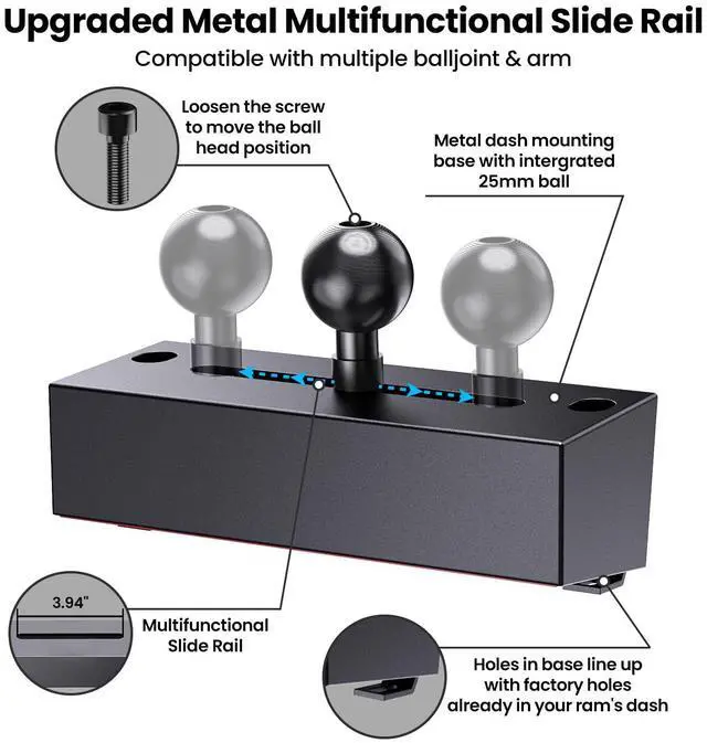 Alt view image 2 of 7 - Upgraded Metal Phone Mount for Ram Truck 2019+, Dash Mount Cell Phone Holder Compatible with Dodge RAM 1500/2500/3500 & TRX, 360° Adjustable Adapter Phone Stand Fit for Most Smartphones