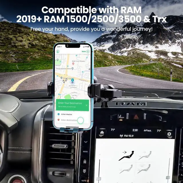 Alt view image 7 of 7 - Upgraded Metal Phone Mount for Ram Truck 2019+, Dash Mount Cell Phone Holder Compatible with Dodge RAM 1500/2500/3500 & TRX, 360° Adjustable Adapter Phone Stand Fit for Most Smartphones