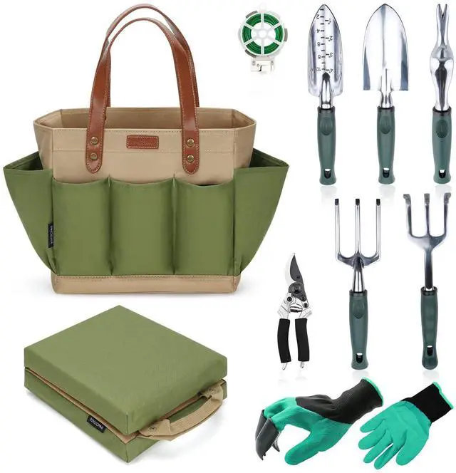 Main image of Garden Tool Tote Solid Bag with 11 Piece Hand Tools,Best Gardening Gift Set Organizer with Vegetable Garden Tool Kit,Free Kneeler Pad,Digging Claw Gloves and All Necessary Gardening Accessories