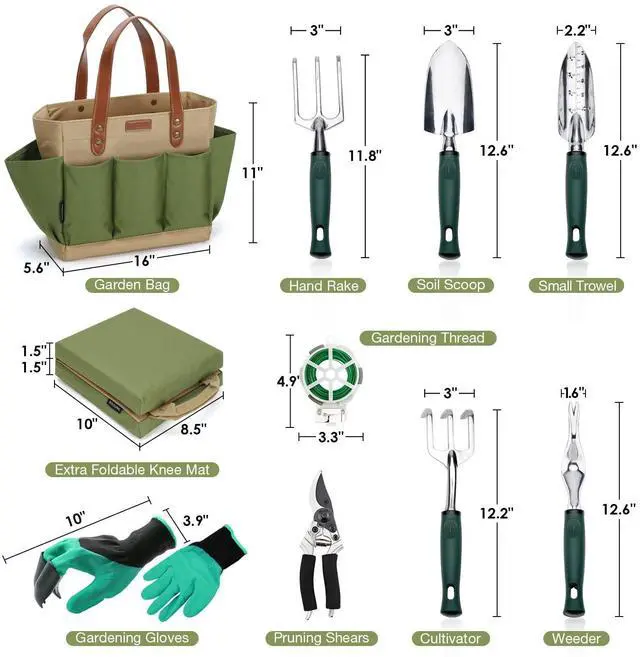 Alt view image 2 of 7 - Garden Tool Tote Solid Bag with 11 Piece Hand Tools,Best Gardening Gift Set Organizer with Vegetable Garden Tool Kit,Free Kneeler Pad,Digging Claw Gloves and All Necessary Gardening Accessories