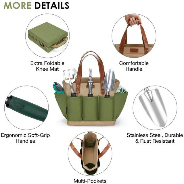 Alt view image 5 of 7 - Garden Tool Tote Solid Bag with 11 Piece Hand Tools,Best Gardening Gift Set Organizer with Vegetable Garden Tool Kit,Free Kneeler Pad,Digging Claw Gloves and All Necessary Gardening Accessories