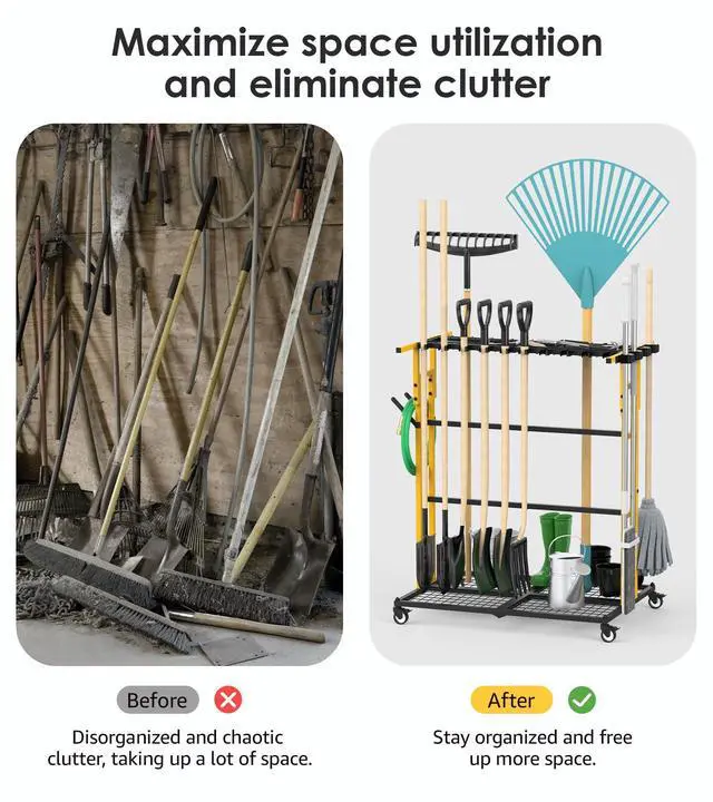 Alt view image 6 of 7 - CCCEI Garage Organization with Wheels, Outdoor Gargen Yard Shed Tools Organizer Cart, Home Storage for Cleaning Supplies Organizer, Broom Holder, for Shovel and Rake, Long Farming and Farming Tools.
