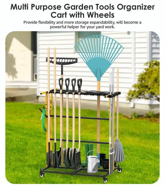 Alt view image 2 of 7 - CCCEI Garage Organization with Wheels, Outdoor Gargen Yard Shed Tools Organizer Cart, Home Storage for Cleaning Supplies Organizer, Broom Holder, for Shovel and Rake, Long Farming and Farming Tools.