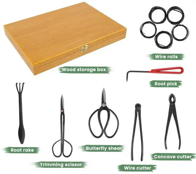 Alt view image 2 of 6 - Bonsai Tools Set with Wood Box 12PCS Heavy Duty Bonsai Tree Kit, Trimming Scissor Shears, Concave Cutter, Wire Rolls, Wire Cutter and More, Gardening Pruning & Care Kit
