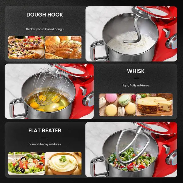 Alt view image 7 of 7 - Stand Mixer, 10+P Speed 4.8 Qt. Household Stand Mixers, Tilt-Head Cake Mixer Machine with Dough Hook, Beater, Wire Whisk & Splash Guard Attachments for Baking, Cake, Cookie, Kneading, RED
