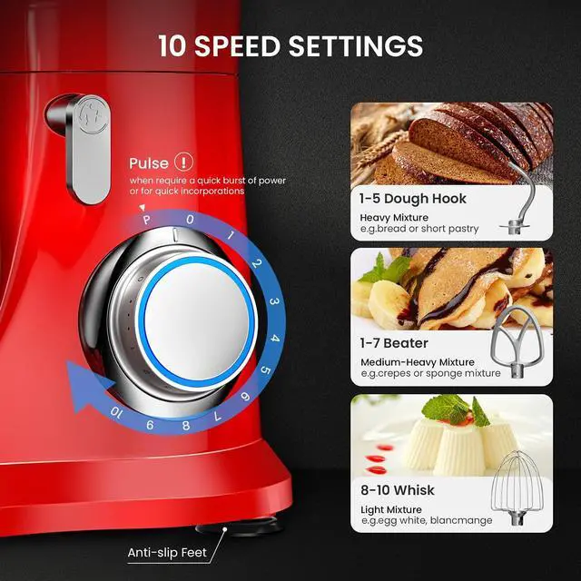Alt view image 2 of 7 - Stand Mixer, 10+P Speed 4.8 Qt. Household Stand Mixers, Tilt-Head Cake Mixer Machine with Dough Hook, Beater, Wire Whisk & Splash Guard Attachments for Baking, Cake, Cookie, Kneading, RED