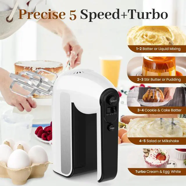 Alt view image 3 of 7 - 5-Speed Electric Hand Mixer, 800W Handheld Mixer with Turbo for Baking & Cooking, Kitchen Food Mixer with Storage Case & 5 Stainless Steel Attachments (2 Beaters, 2 Dough Hooks, 2 Whisks)-White