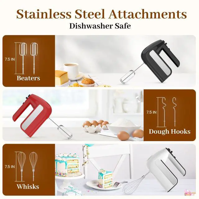 Alt view image 6 of 7 - 5-Speed Electric Hand Mixer, 800W Handheld Mixer with Turbo for Baking & Cooking, Kitchen Food Mixer with Storage Case & 5 Stainless Steel Attachments (2 Beaters, 2 Dough Hooks, 2 Whisks)-White