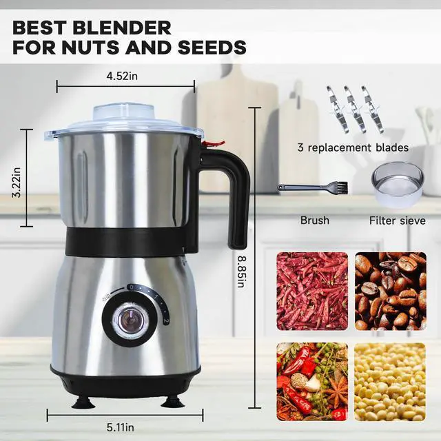Alt view image 3 of 7 - Electric Spice and Nut Grinders - 3 Stainless Steel Blades, 1 Filter, 1 Brush - 500W Grinder for Kitchen Dry Use (Black)