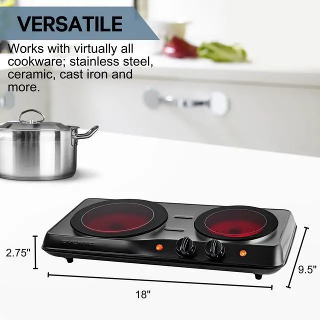 Alt view image 4 of 7 - Countertop Infrared Double Burner, 1700W Electric Hot Plate and Portable Stove with 7.75" and 6.75" Ceramic Glass Cooktop, 5 Level Temperature Setting and Easy to Clean Base, Black BGI102B