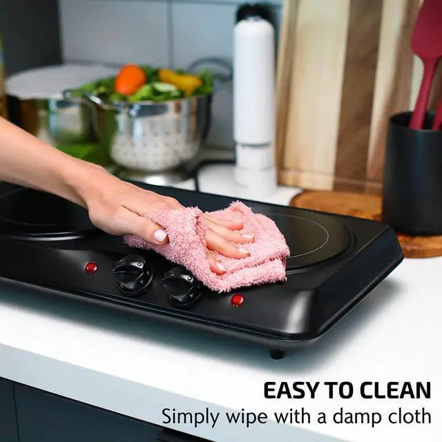 Alt view image 3 of 7 - Countertop Infrared Double Burner, 1700W Electric Hot Plate and Portable Stove with 7.75" and 6.75" Ceramic Glass Cooktop, 5 Level Temperature Setting and Easy to Clean Base, Black BGI102B