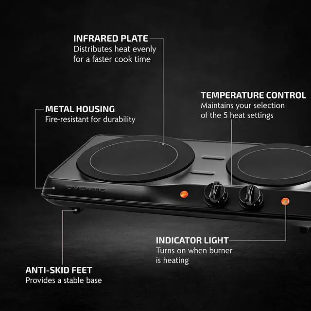 Alt view image 2 of 7 - Countertop Infrared Double Burner, 1700W Electric Hot Plate and Portable Stove with 7.75" and 6.75" Ceramic Glass Cooktop, 5 Level Temperature Setting and Easy to Clean Base, Black BGI102B