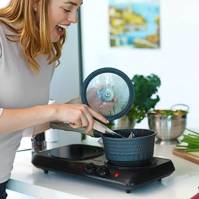 Alt view image 7 of 7 - Countertop Infrared Double Burner, 1700W Electric Hot Plate and Portable Stove with 7.75" and 6.75" Ceramic Glass Cooktop, 5 Level Temperature Setting and Easy to Clean Base, Black BGI102B