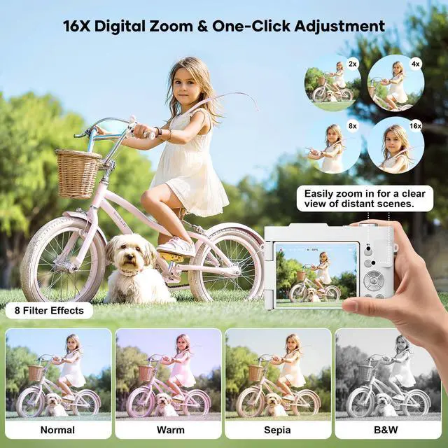Alt view image 4 of 7 - 4K Digital Camera for Photography, Small Vlogging Camera with Flip Screen for YouTube, 50MP 16X Zoom, Portable Travel Cameras with 32GB SD Card for Beginners(White)