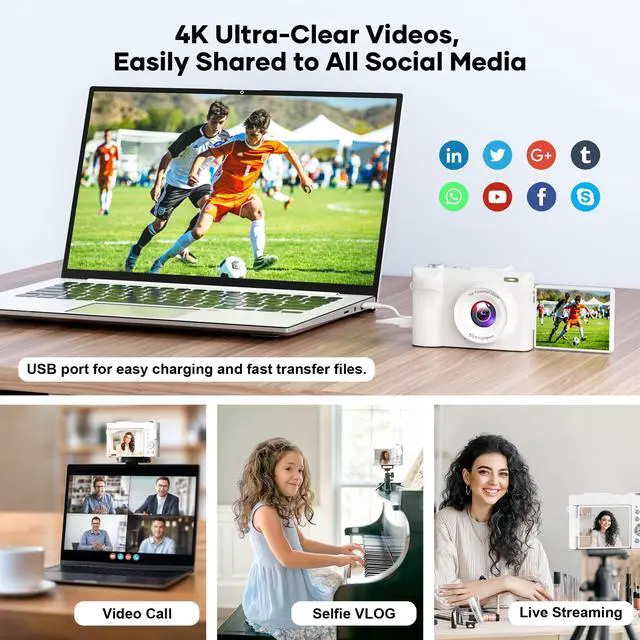Alt view image 5 of 7 - 4K Digital Camera for Photography, Small Vlogging Camera with Flip Screen for YouTube, 50MP 16X Zoom, Portable Travel Cameras with 32GB SD Card for Beginners(White)
