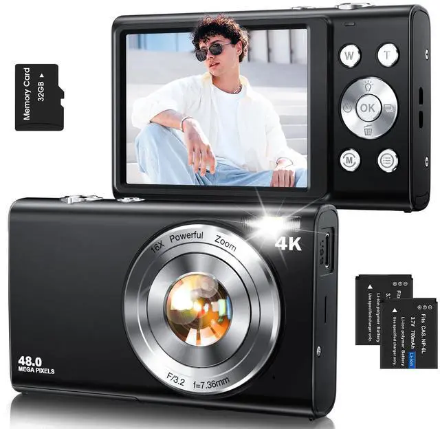 Main image of Digital Camera,Autofocus 4K Vlogging Camera for Photography with 32GB Card,48MP Portable Compact Point and Shoot Digital Camera for Teens Adult Beginner with 16X Zoom,Anti-Shake,2 Batteries(Black)