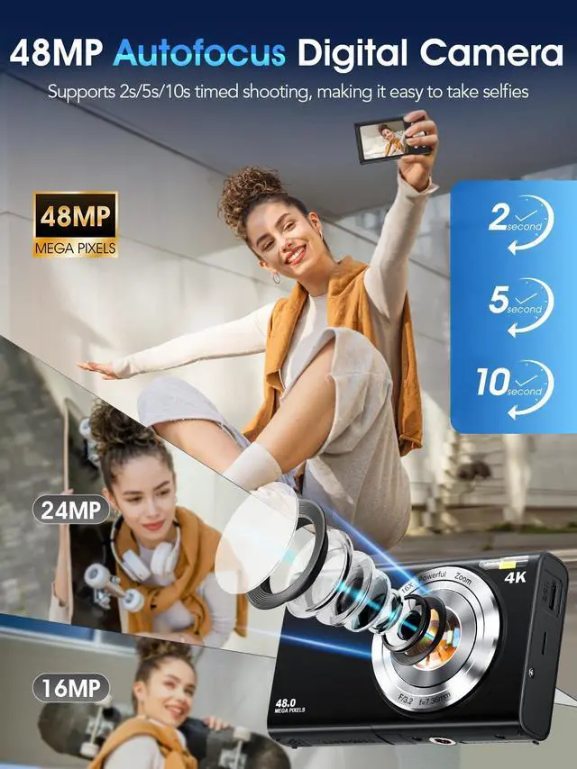 Alt view image 2 of 7 - Digital Camera,Autofocus 4K Vlogging Camera for Photography with 32GB Card,48MP Portable Compact Point and Shoot Digital Camera for Teens Adult Beginner with 16X Zoom,Anti-Shake,2 Batteries(Black)