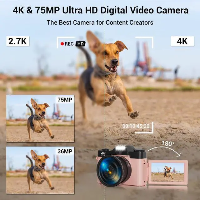 Alt view image 2 of 7 - Digital Camera, FHD 4K 75MP WiFi Vlogging Video Camera for YouTube with 3'' 180°Flip Screen, 64GB SD Card, 16x Digital Zoom, 2 Batteries, Point and Shoot Digital Camera for Beginner (Pink)