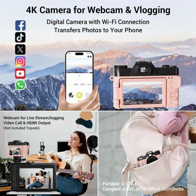 Alt view image 3 of 7 - Digital Camera, FHD 4K 75MP WiFi Vlogging Video Camera for YouTube with 3'' 180°Flip Screen, 64GB SD Card, 16x Digital Zoom, 2 Batteries, Point and Shoot Digital Camera for Beginner (Pink)
