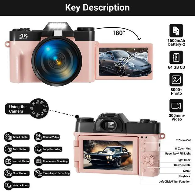 Alt view image 4 of 7 - Digital Camera, FHD 4K 75MP WiFi Vlogging Video Camera for YouTube with 3'' 180°Flip Screen, 64GB SD Card, 16x Digital Zoom, 2 Batteries, Point and Shoot Digital Camera for Beginner (Pink)