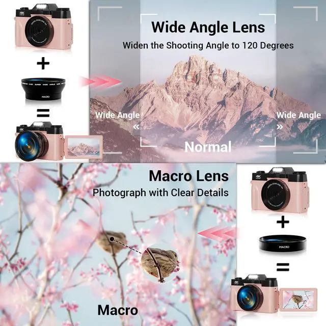 Alt view image 6 of 7 - Digital Camera, FHD 4K 75MP WiFi Vlogging Video Camera for YouTube with 3'' 180°Flip Screen, 64GB SD Card, 16x Digital Zoom, 2 Batteries, Point and Shoot Digital Camera for Beginner (Pink)