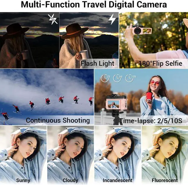 Alt view image 7 of 7 - Digital Camera, FHD 4K 75MP WiFi Vlogging Video Camera for YouTube with 3'' 180°Flip Screen, 64GB SD Card, 16x Digital Zoom, 2 Batteries, Point and Shoot Digital Camera for Beginner (Pink)