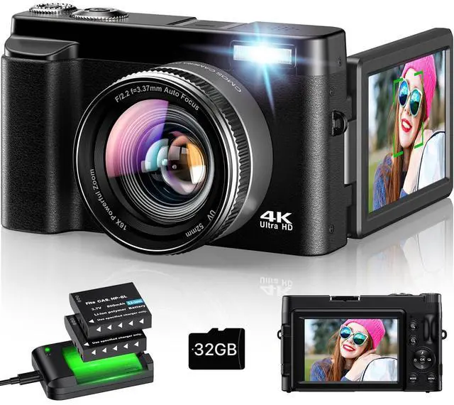 Main image of 4K Digital Camera for Photography - Autofocus 48MP Vlogging Camera for YouTube with 3'' 180°Flip Screen - 16X Digital Zoom, Anti-Shake Camera for Vlogging with SD Card, 2 Batteries & Charging Stand