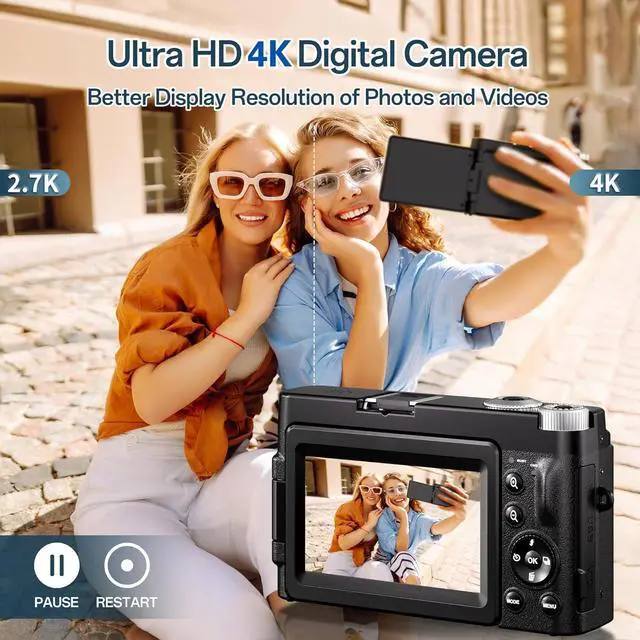 Alt view image 2 of 7 - 4K Digital Camera for Photography - Autofocus 48MP Vlogging Camera for YouTube with 3'' 180°Flip Screen - 16X Digital Zoom, Anti-Shake Camera for Vlogging with SD Card, 2 Batteries & Charging Stand