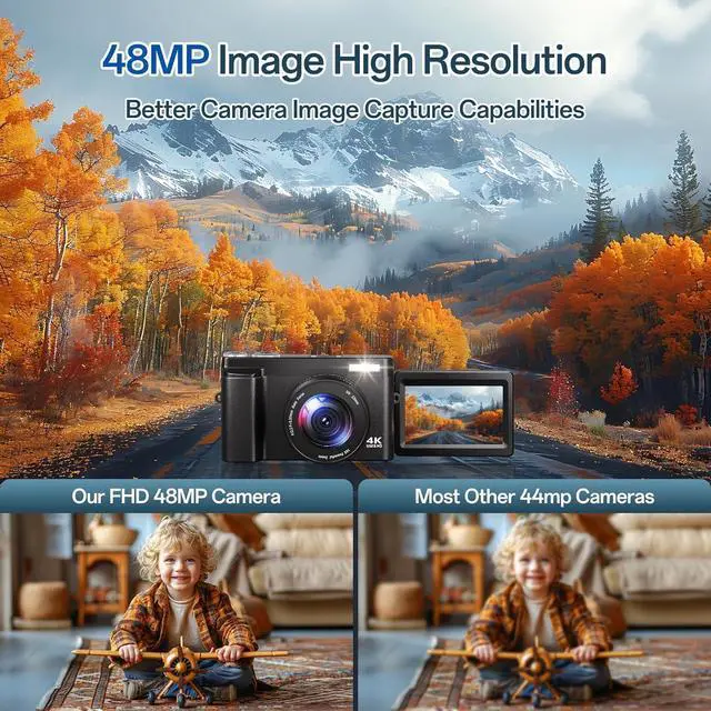 Alt view image 3 of 7 - 4K Digital Camera for Photography - Autofocus 48MP Vlogging Camera for YouTube with 3'' 180°Flip Screen - 16X Digital Zoom, Anti-Shake Camera for Vlogging with SD Card, 2 Batteries & Charging Stand