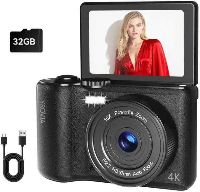 Main image of 4K Digital Camera for Photography and Video, 2025 Latest 64MP Vlogging Camera for YouTube with 32G TF Card 180°Flip Screen Compact Travel Camera 16X Zoom, Anti-Shake,Suitable for Beginners, Black