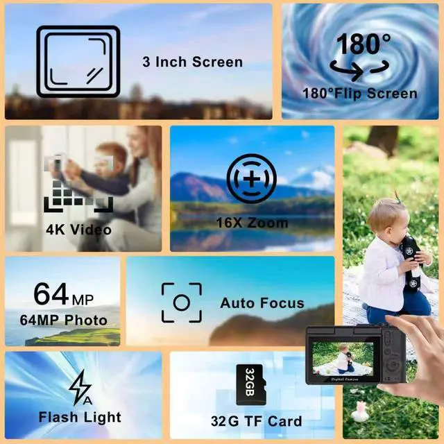 Alt view image 2 of 7 - 4K Digital Camera for Photography and Video, 2025 Latest 64MP Vlogging Camera for YouTube with 32G TF Card 180°Flip Screen Compact Travel Camera 16X Zoom, Anti-Shake,Suitable for Beginners, Black