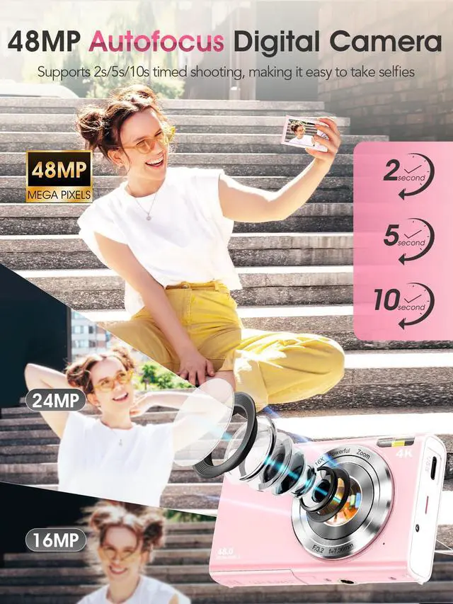 Alt view image 2 of 7 - Digital Camera,Autofocus 4K Vlogging Camera for Photography with 32GB Card,48MP Portable Compact Point and Shoot Digital Camera for Teens Adult Beginner with 16X Zoom,Anti-Shake,2 Batteries(Pink)