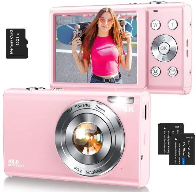 Main image of Digital Camera,Autofocus 4K Vlogging Camera for Photography with 32GB Card,48MP Portable Compact Point and Shoot Digital Camera for Teens Adult Beginner with 16X Zoom,Anti-Shake,2 Batteries(Pink)