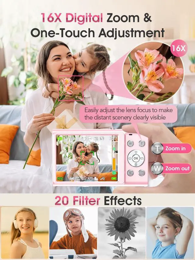Alt view image 4 of 7 - Digital Camera,Autofocus 4K Vlogging Camera for Photography with 32GB Card,48MP Portable Compact Point and Shoot Digital Camera for Teens Adult Beginner with 16X Zoom,Anti-Shake,2 Batteries(Pink)