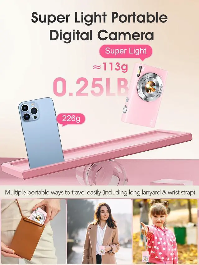 Alt view image 6 of 7 - Digital Camera,Autofocus 4K Vlogging Camera for Photography with 32GB Card,48MP Portable Compact Point and Shoot Digital Camera for Teens Adult Beginner with 16X Zoom,Anti-Shake,2 Batteries(Pink)