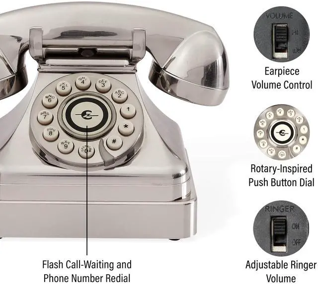 Alt view image 2 of 7 - CR62-BC Kettle Classic Corded Desk Phone - Landline for Home with Retro Rotary Style, Brushed Chrome