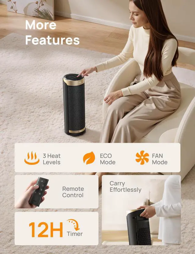 Alt view image 5 of 6 - Space Heater, 1500W Electric Heaters for Indoor Use with Thermostat, 70° Oscillation, 8 Safety Protections, 5 Modes, Remote, 12H Timer, Quiet Portable Heater for Office, Bedroom, Large Room