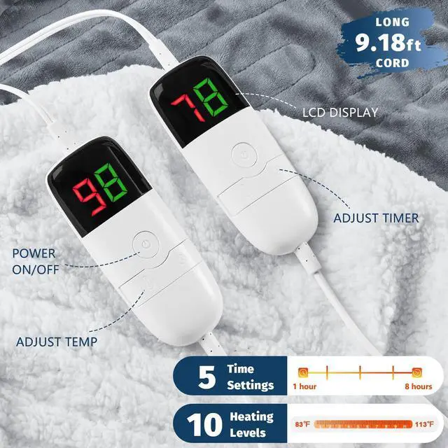 Alt view image 3 of 5 - Heated Electric Blanket Queen Size - 84" x 90" Heating Blanket with Dual Control, 10 Heating Levels & 8 Hours Auto Off, Soft Warm Flannel Blanket, Christmas Birthday Gifts for Senior Grandma