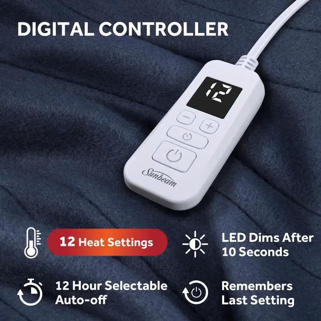 Alt view image 2 of 6 - Royal Ultra Fleece Heated Electric Blanket Full Size, 84" x 72", 12 Heat Settings, 12-Hour Selectable Auto Shut-Off, Fast Heating, Machine Washable, Warm and Cozy, Indigo