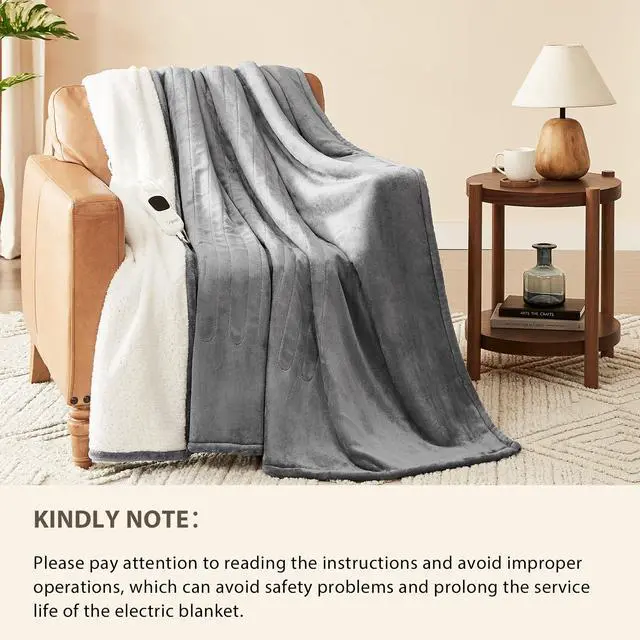 Alt view image 4 of 5 - Electric Heated Blanket Queen Size - 84"x90" Heating Blanket Queen Size Dual Control 1/2/4/6/8 Hours Auto-Off 10 Heat Level Over-Heat Protection Flannel Sherpa ETL Certification
